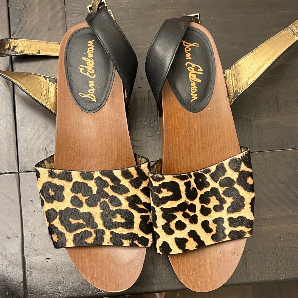 Sam Edelman Leopard Print Sandals with Black and Gold Straps